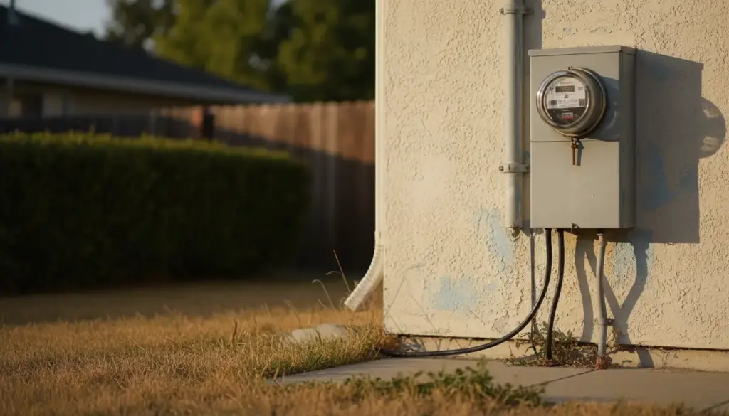 Exterior electrical service equipment and conduit run on an Albuquerque property.
